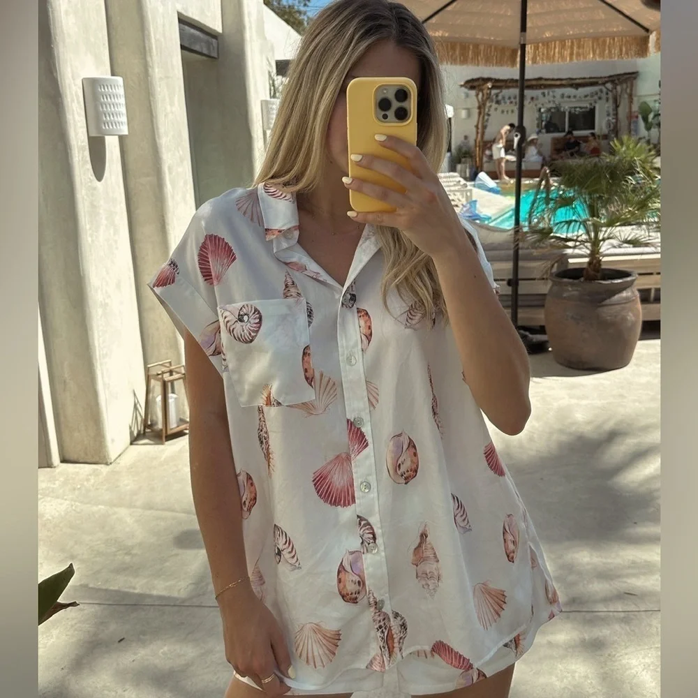 SHOW ME YOUR MUMU Day Dream PJ Top In White Shell Luxe Satin
